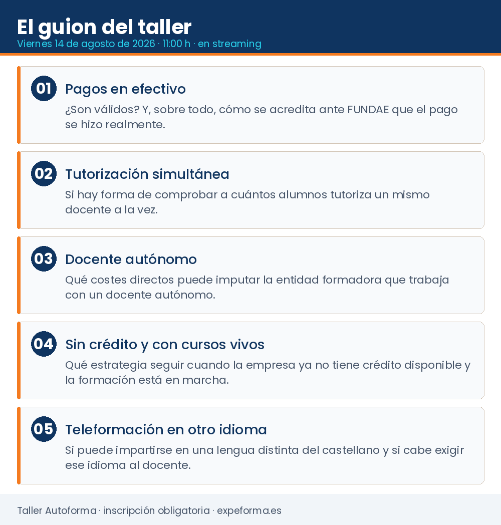 Guion del taller Autoforma del 14 de agosto de 2026 con las cinco cuestiones: pagos en efectivo, tutorización simultánea, docente autónomo, empresa sin crédito y teleformación en otro idioma