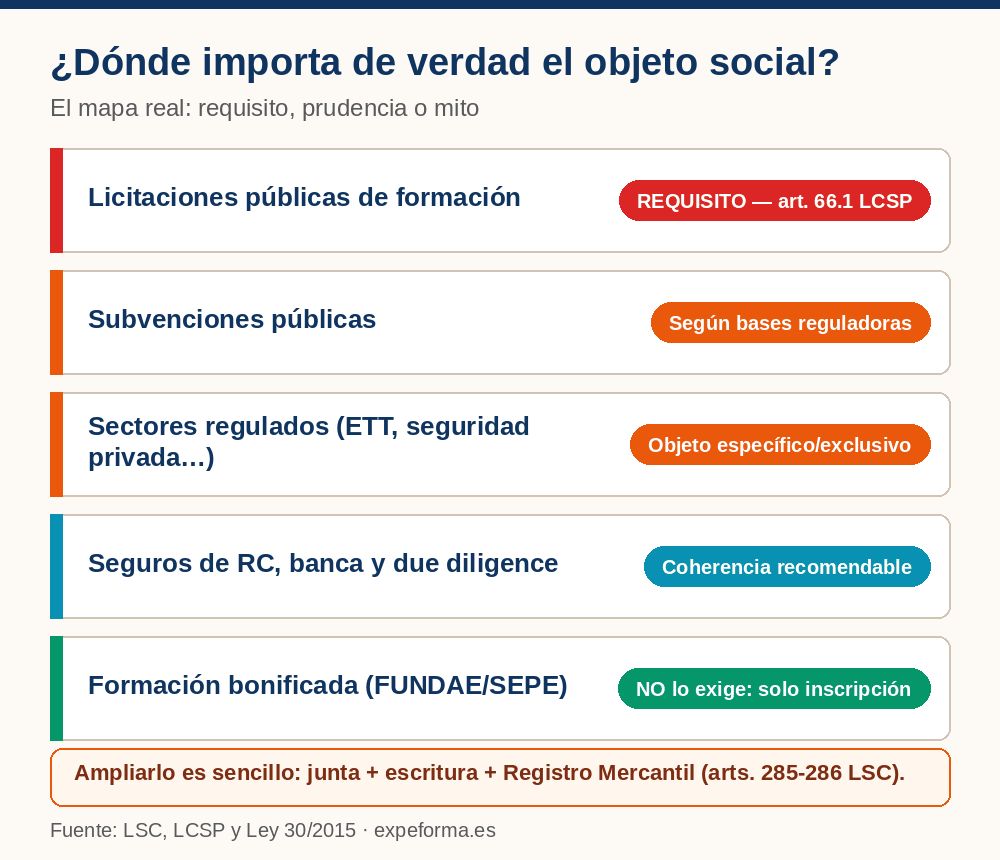 Infografía: dónde importa de verdad el objeto social — licitaciones públicas (requisito legal), subvenciones (según bases), sectores regulados, seguros y banca (coherencia) y FUNDAE (no lo exige, pide inscripción registral)