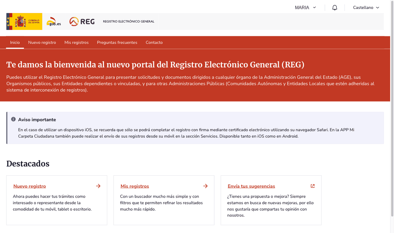 Portada del nuevo portal del Registro Electrónico General con el menú Inicio, Nuevo registro, Mis registros, Preguntas frecuentes y Contacto