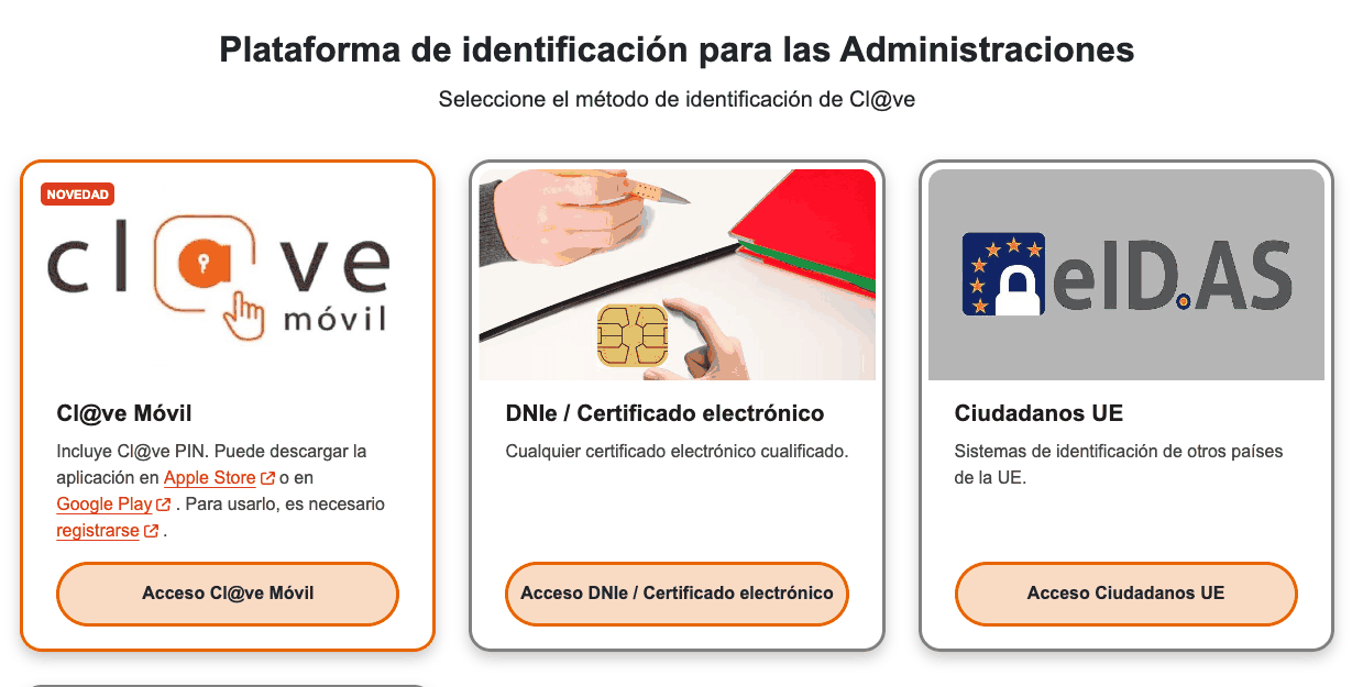 Pasarela de Cl@ve con las cuatro tarjetas de identificación: Cl@ve Móvil, DNIe / Certificado electrónico, Ciudadanos UE y Cl@ve permanente