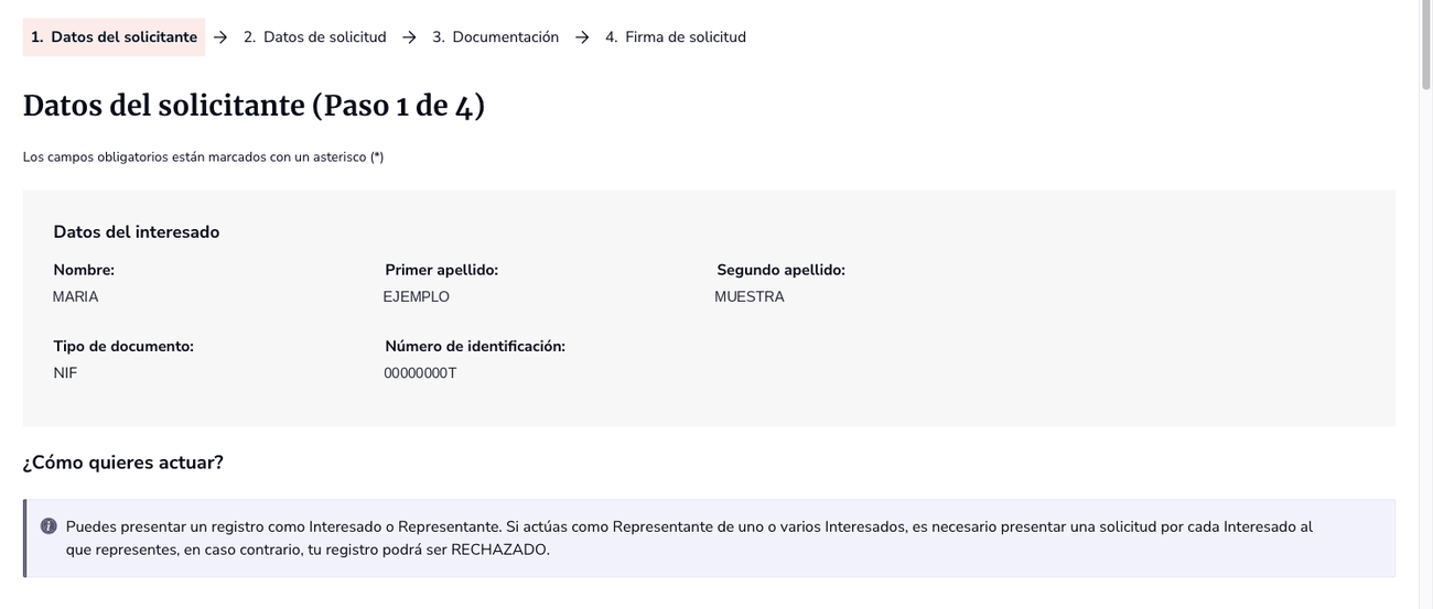 Paso 1 del formulario: datos del solicitante tomados del certificado y aviso sobre actuar como interesado o representante