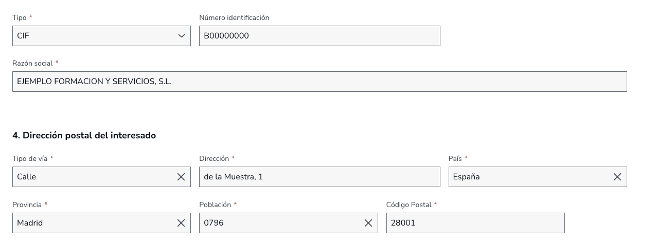 Bloques 3 y 4 del paso 1: identificación del interesado con tipo CIF y razón social, y dirección postal del interesado
