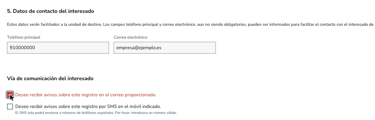 Bloque 5 del paso 1: datos de contacto del interesado y casillas para recibir avisos por correo o SMS