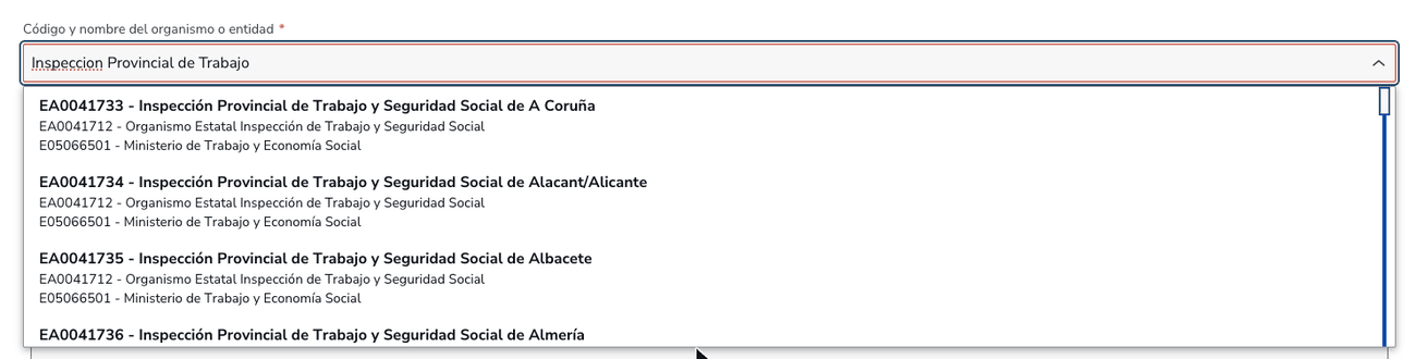 Buscador de organismo destinatario mostrando las Inspecciones Provinciales de Trabajo y Seguridad Social por orden alfabético con su código EA