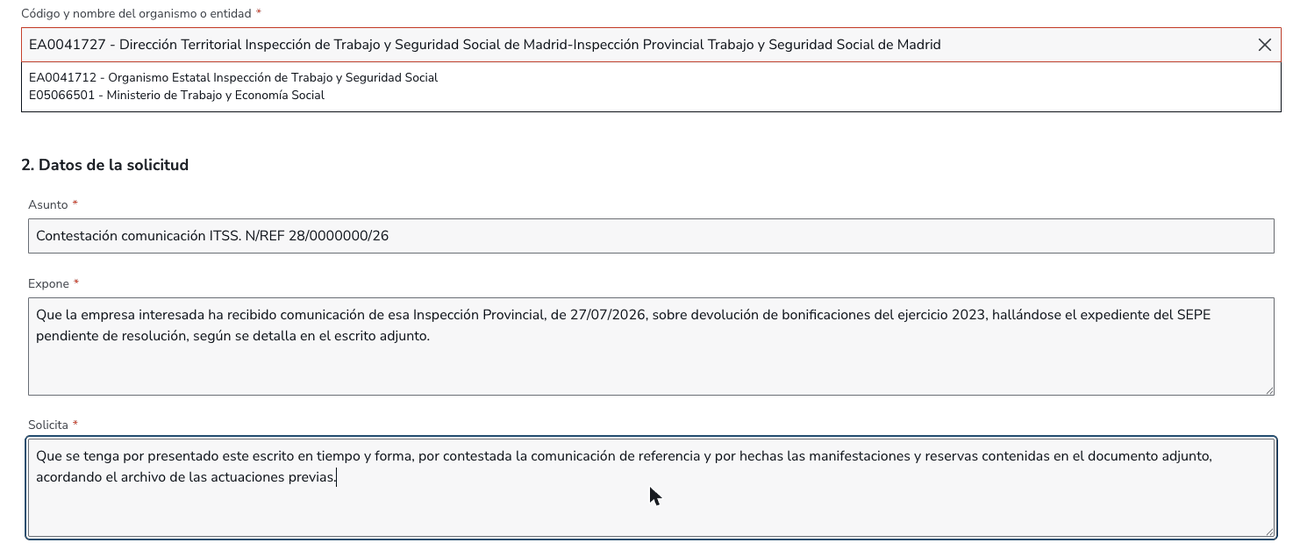 Paso 2 con el organismo destinatario seleccionado y los campos Asunto, Expone y Solicita cumplimentados