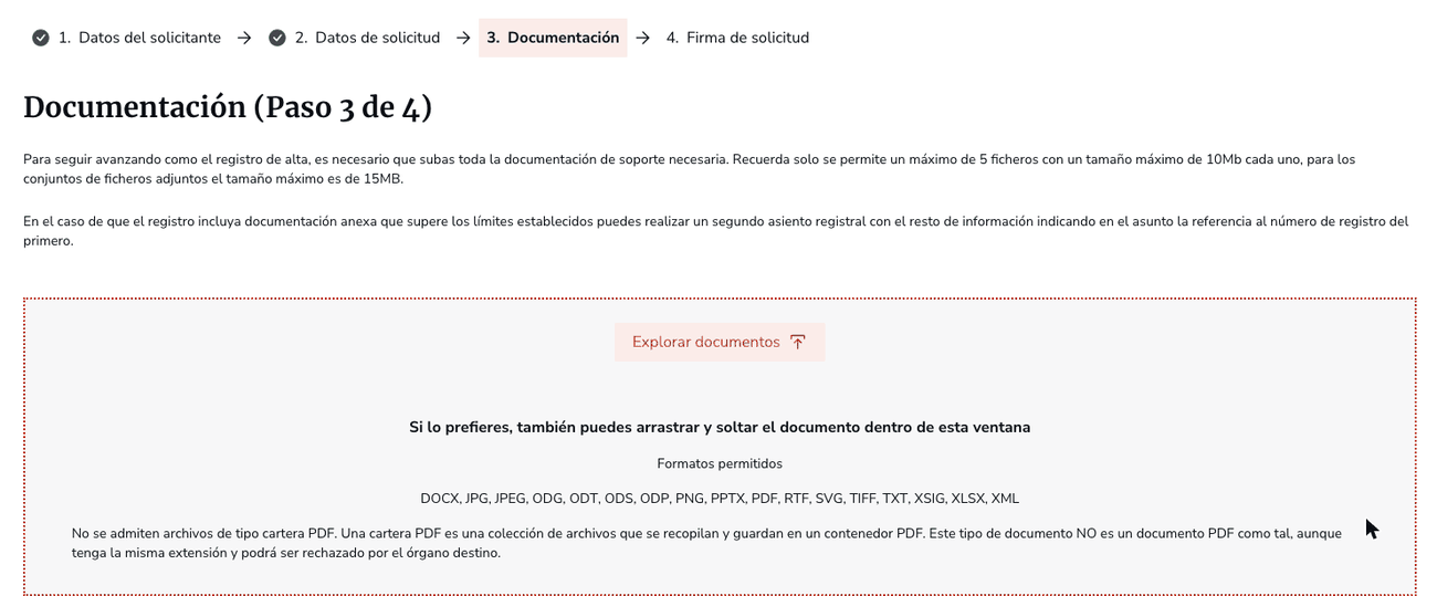 Paso 3, Documentación: zona para explorar o arrastrar documentos, con los formatos permitidos y los límites de tamaño