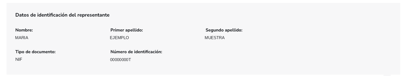 Resumen del paso 4 con los datos de identificación del representante