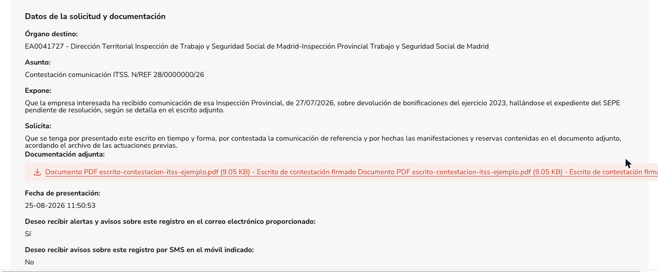 Resumen del paso 4 con el órgano destino, el asunto, el expone, el solicita, la documentación adjunta y la fecha de presentación