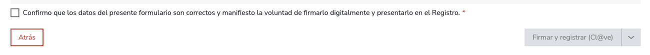 Casilla de confirmación y botón Firmar y registrar con Cl@ve, todavía desactivado