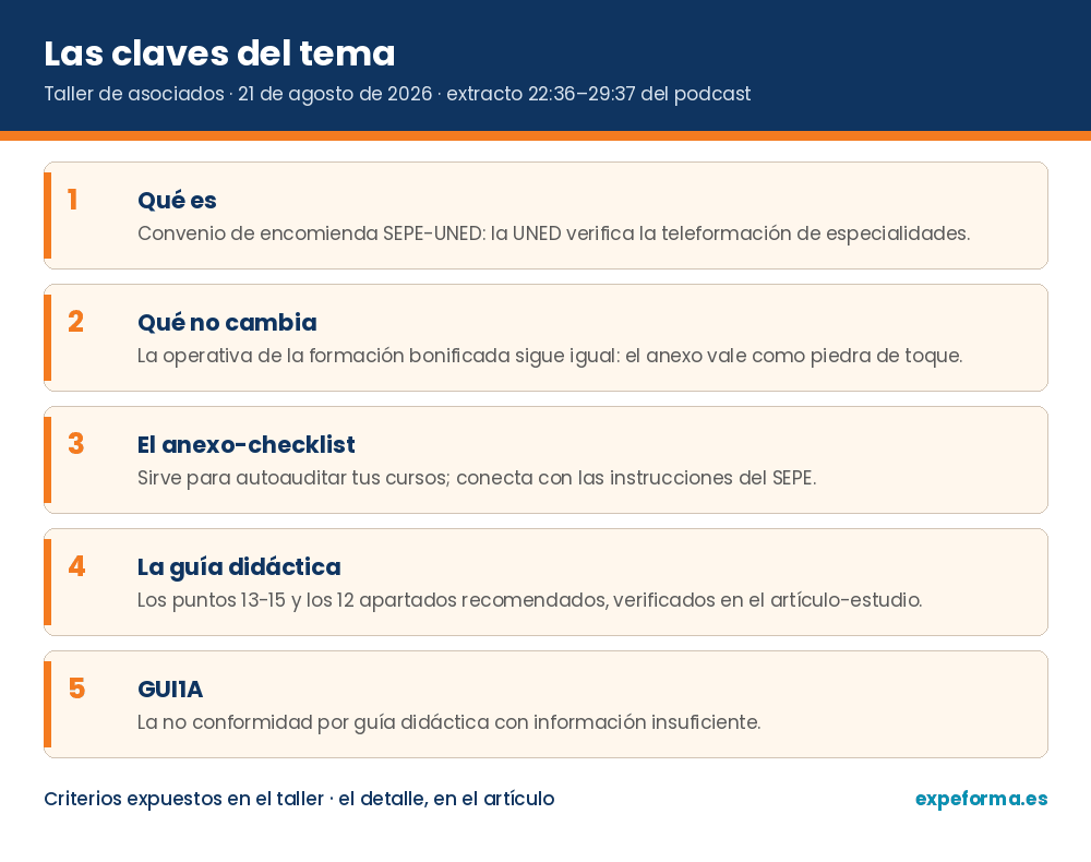 Las claves del tema: Plataformas de teleformación y UNED — resumen visual del extracto del taller de asociados del 21 de agosto de 2026
