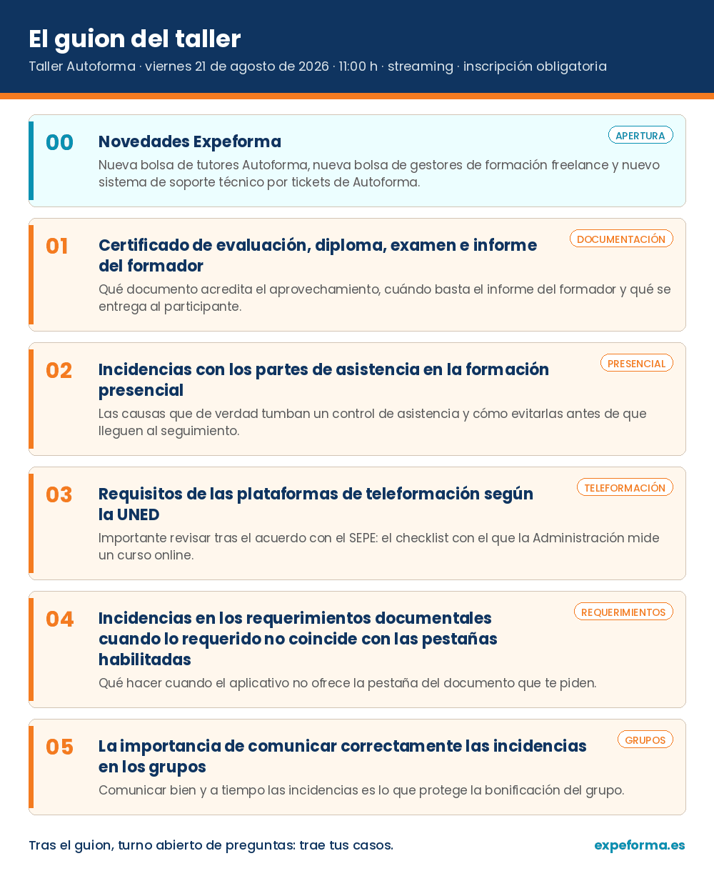 Guion del taller Autoforma del 21 de agosto de 2026: novedades de Expeforma y las cinco cuestiones sobre diplomas, partes de asistencia, plataformas de teleformación, requerimientos documentales e incidencias en los grupos